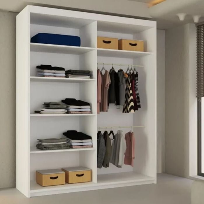 White 180cm LISBANE 2 door sliding wardrobe with 5 shelves and hanging rails.