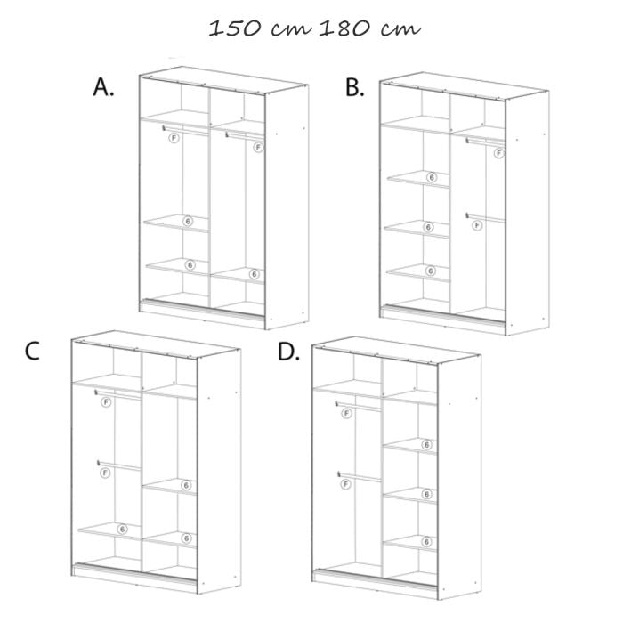 LISBANE 2 door white sliding wardrobe internal layout diagrams - 150cm & 180cm sizes