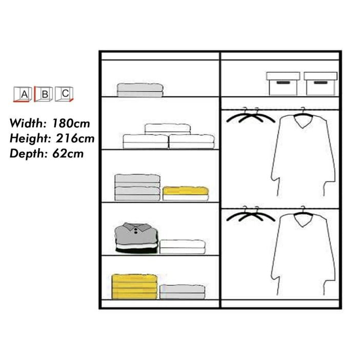 Diagram of white LISBANE 2 door sliding wardrobe with shelves and hanging rails, 180cm W x 216cm H.