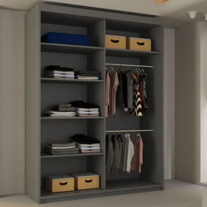 Grey 2 door sliding wardrobe with shelves, storage boxes, and hanging rails.