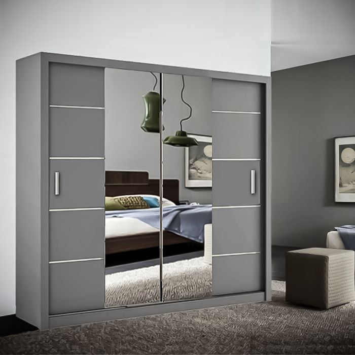 LISBANE 2 door grey sliding wardrobe with mirrored doors