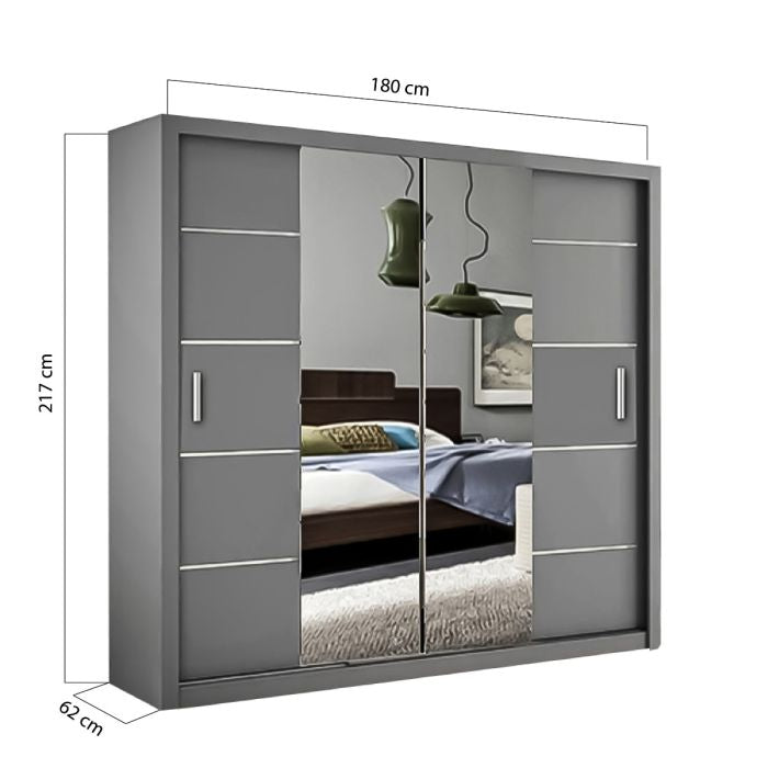 Grey 180cm sliding wardrobe with two mirrored doors, dimensions 217x180x62 cm