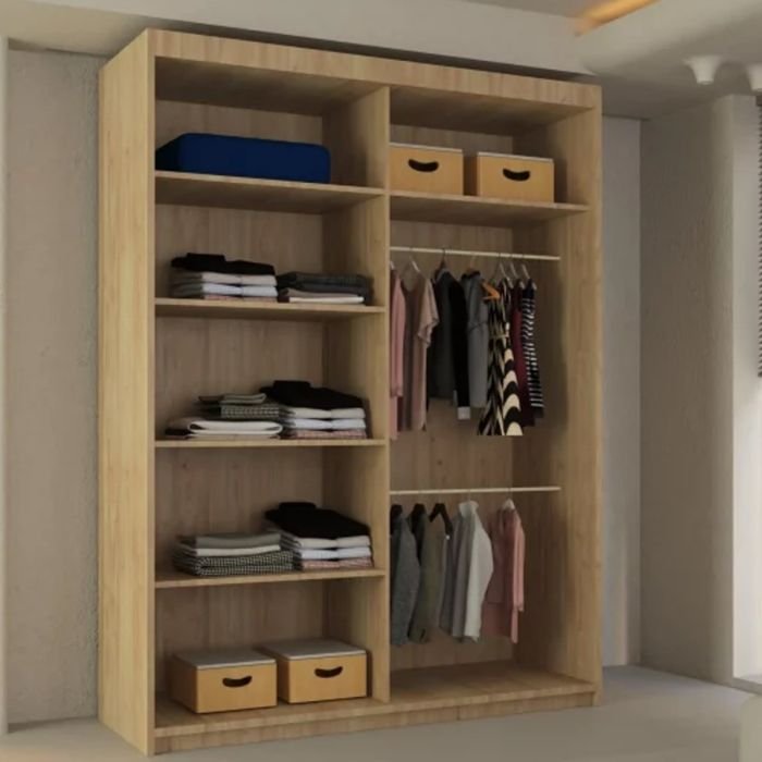 Oak 180cm sliding wardrobe with mirrored doors, showing shelves and hanging rails inside.