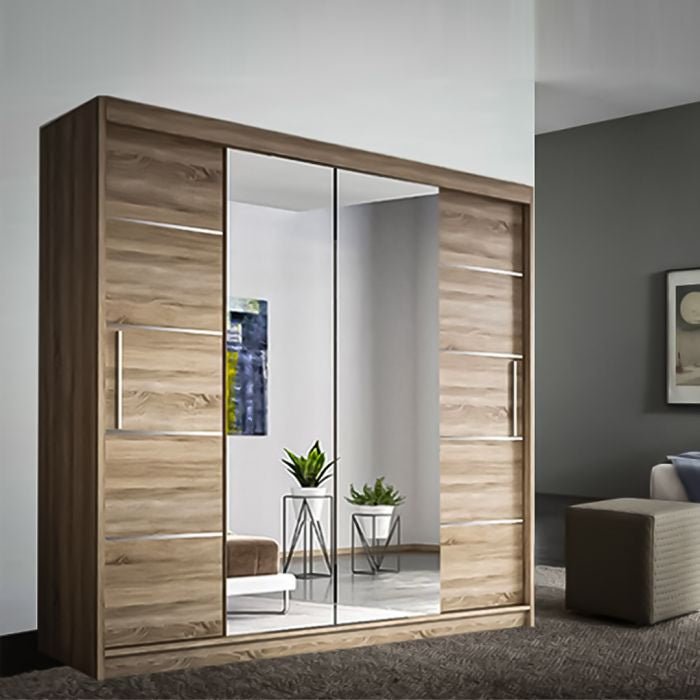 LISBANE 180cm Oak sliding wardrobe with two mirrored doors.