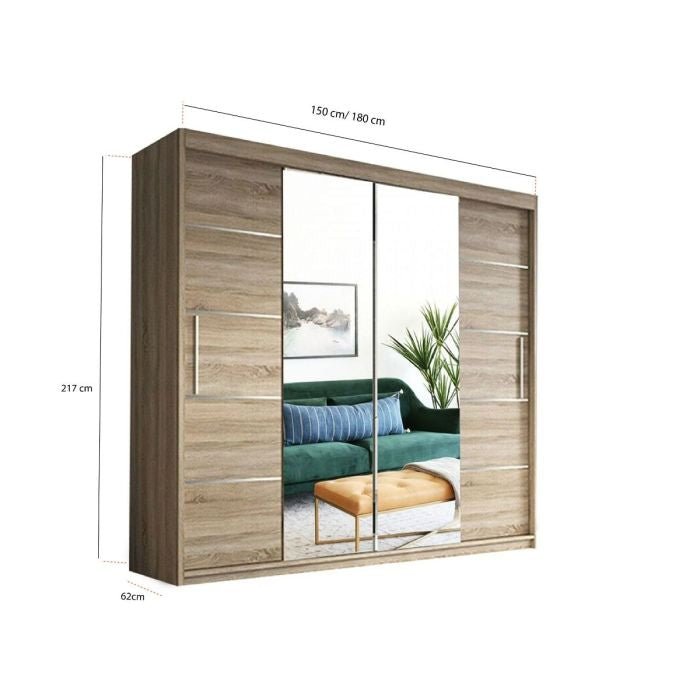 LISBANE Oak Sliding Wardrobe 180cm wide, 217cm high, 62cm deep with mirrored doors