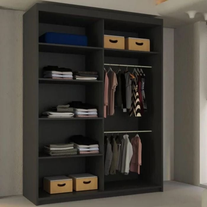Black 180cm two-door sliding wardrobe with shelves and hanging rails visible inside.