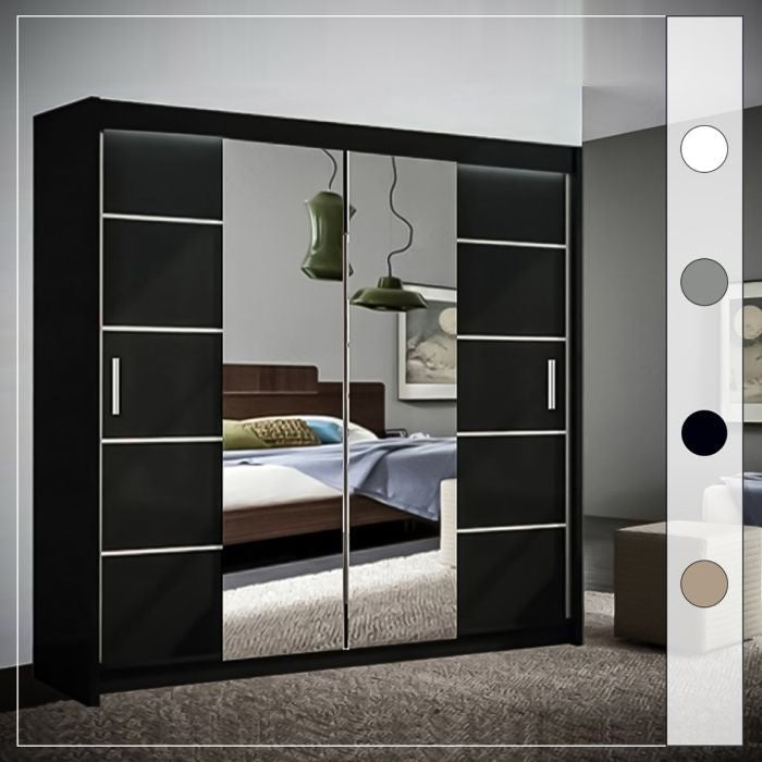 LISBANE 180cm black sliding wardrobe with mirrored doors reflecting a bedroom.