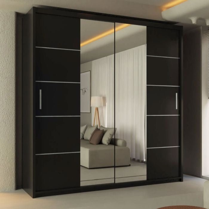 Black 2-door sliding wardrobe with mirrored front panels and silver handles.