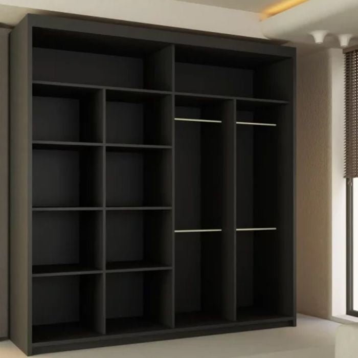 Black 2-door sliding wardrobe with open shelves left, hanging sections right