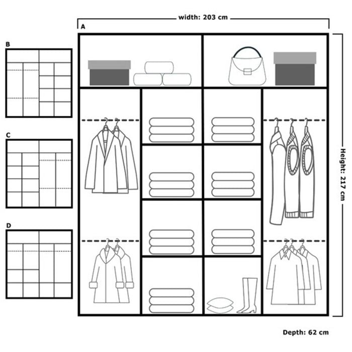 Diagram of LISBANE 203cm sliding wardrobe with dimensions: width 203cm, height 217cm, depth 62cm.