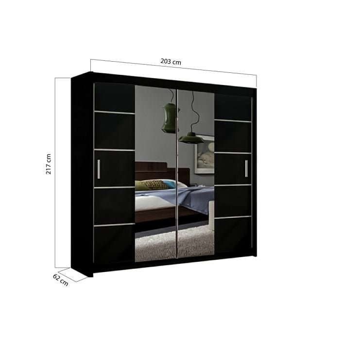 The LISBANE 2 Door Mirrored Wardrobe in Black measures 203 cm wide, 217 cm tall, and 62 cm deep, with two mirrored sliding doors and multiple shelves on each side.