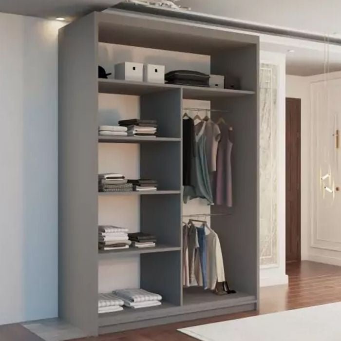 CHOICEWARDROBE Keynes 120cm grey matte 2-door sliding wardrobe with mirrored door, shelves on left, hanging on right.