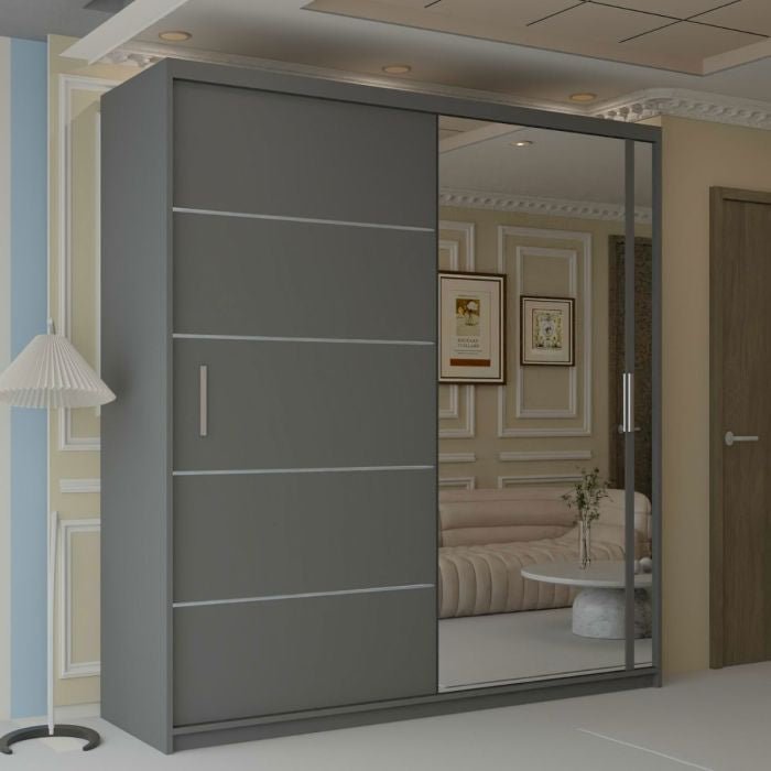 Grey matte 120cm 2 door sliding wardrobe with mirrored door