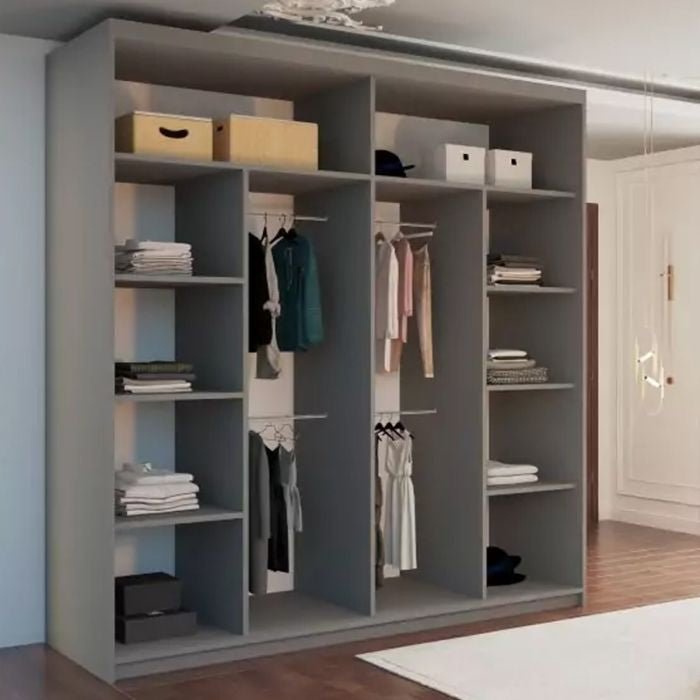 Grey 2-door sliding wardrobe with mirrored front, showing shelves and hanging rails with clothes and storage boxes.