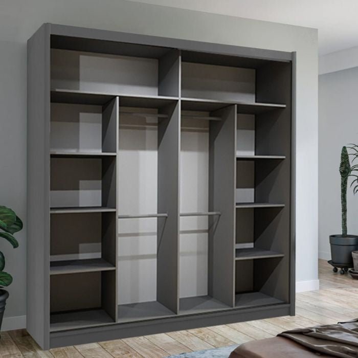 KEYNES 2 door grey sliding wardrobe with shelves and hanging rails visible inside.