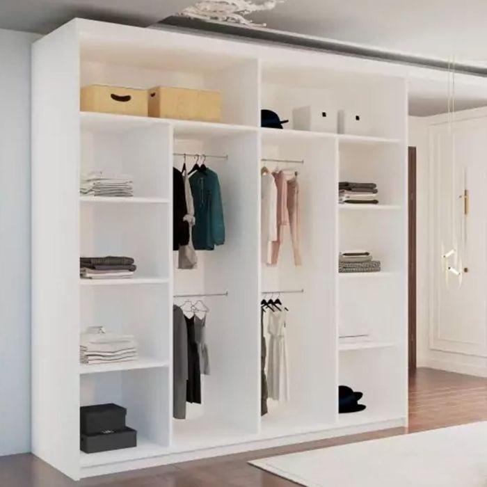White KEYNES 2-door sliding wardrobe showing open shelves and hanging rails with folded clothes.