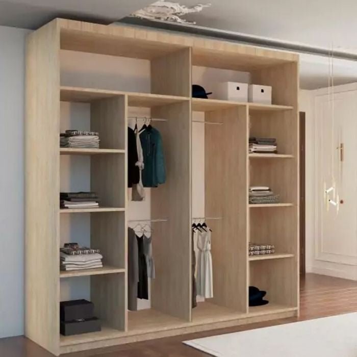 Oak finish 2 door sliding wardrobe with shelves and hanging rails
