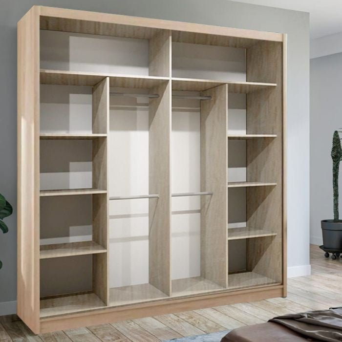 KEYNES 203cm Oak Sliding Wardrobe interior view with shelves and hanging rails