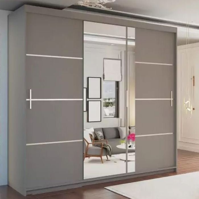 KEYNES 3 door grey sliding wardrobe with mirrored central door reflecting a living room