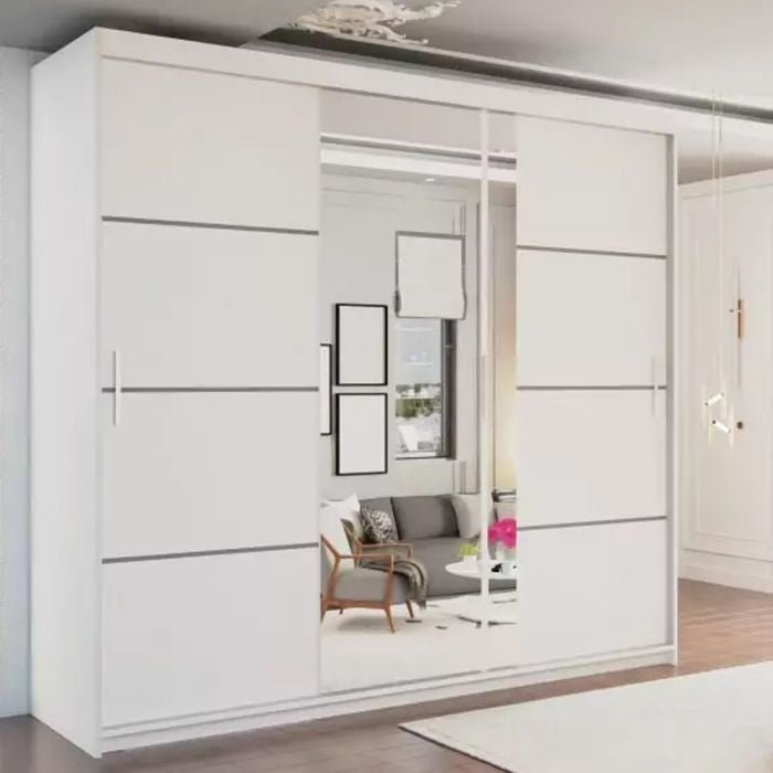 White 3-door sliding wardrobe with a central mirrored door, reflecting a stylish room interior.