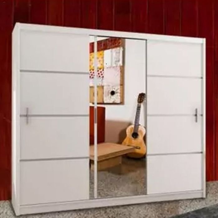 KEYNES 250cm white 3-door sliding wardrobe with central mirrored door. Reflects guitar and wall art.