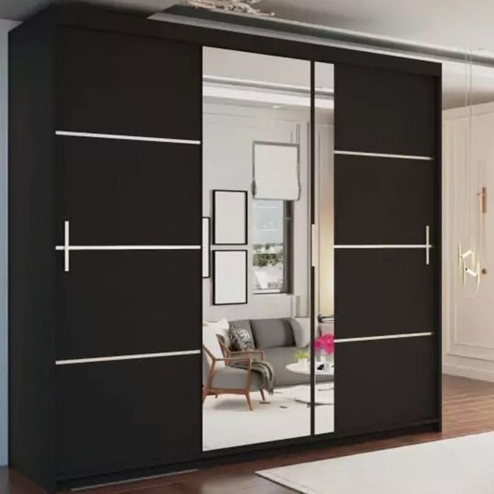 KEYNES 3 door black sliding wardrobe with mirrored panels and white horizontal trim
