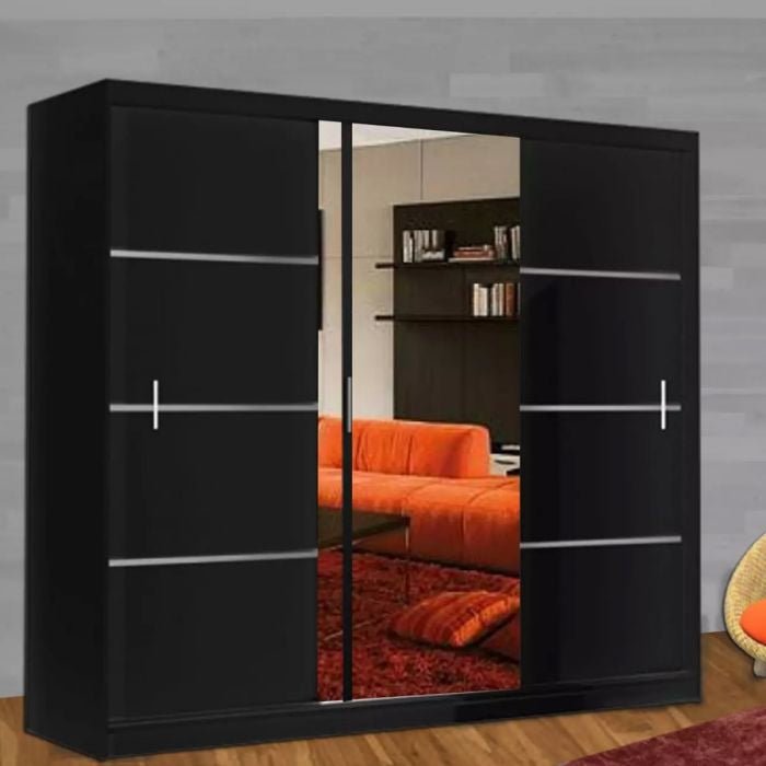 Black 3-door sliding wardrobe with mirrored centre door, KEYNES 250cm