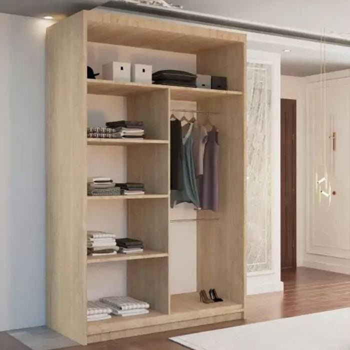 CHOICEWARDROBE Keynes 2 door oak finish sliding door wardrobe with open shelves and hanging rail.
