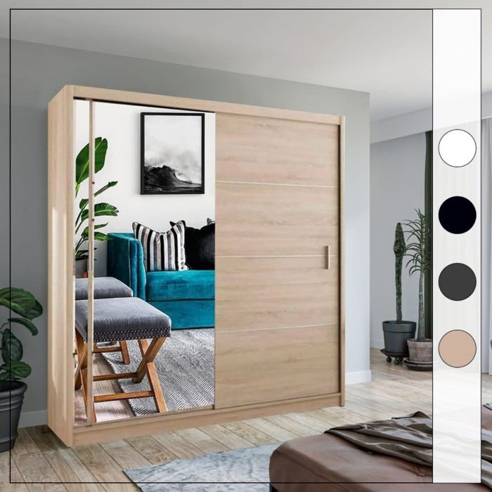 CHOICEWARDROBE Oak finish sliding door wardrobe with one mirrored door showing reflected room.