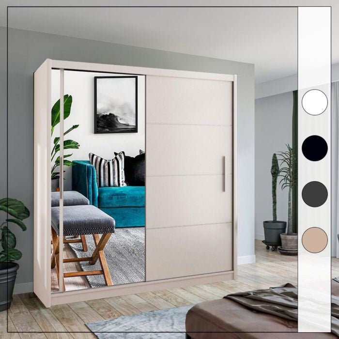 CHOICEWARDROBE Keynes 120cm white matte sliding door wardrobe with mirrored panels, reflecting interior.