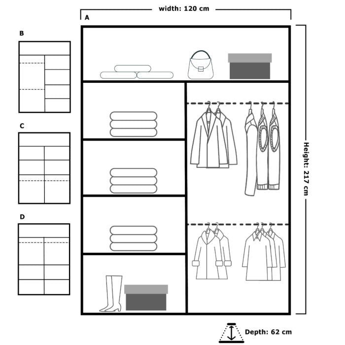 Wardrobe layout diagram with dimensions: 120cm wide, 217cm high, 62cm deep.
