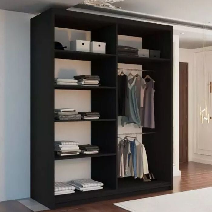 Black KEYNES 180cm sliding door wardrobe with shelves for folded clothes and hanging rails for garments.