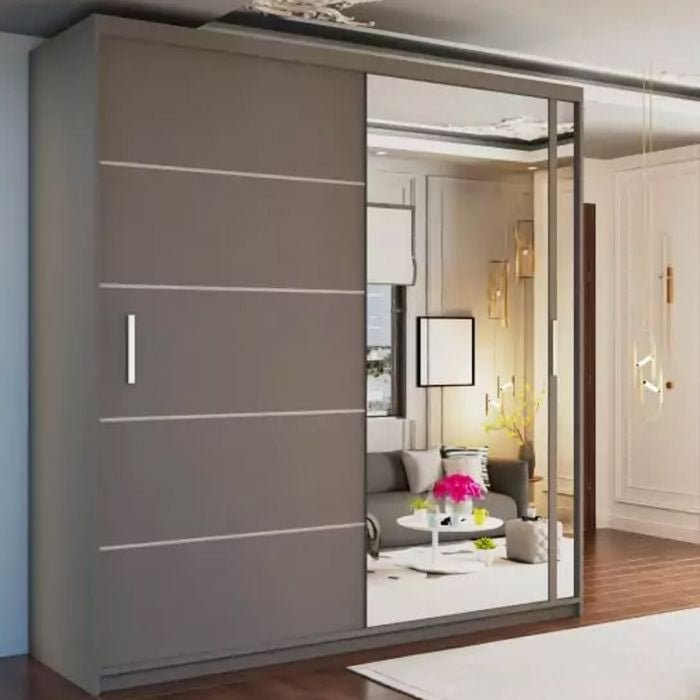 KEYNES 180cm grey sliding wardrobe with one solid door and one mirrored door.