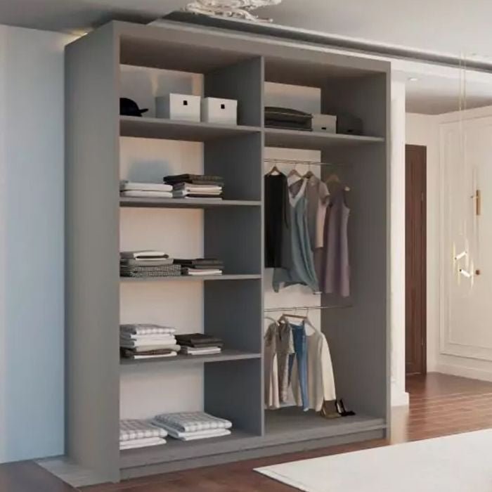 KEYNES 180cm grey sliding wardrobe with mirrored doors, showing shelves on the left and hanging rails on the right.