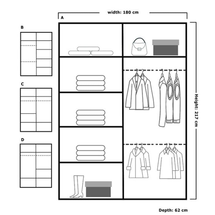 Diagram of KEYNES 2-door sliding wardrobe, oak finish, 180cm wide, 217cm high, 62cm deep, with shelves and hanging rails.