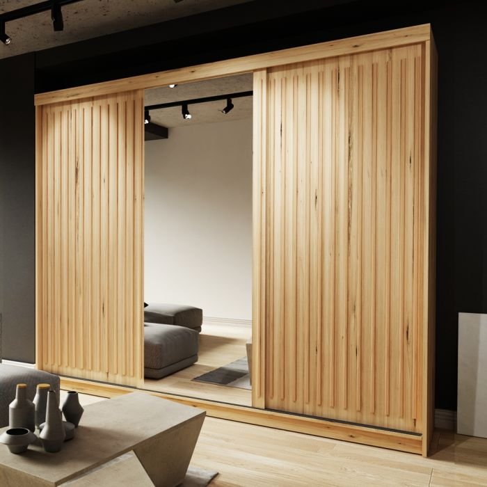 Oak effect 3-door sliding wardrobe with mirrored centre door and vertical slat detail.