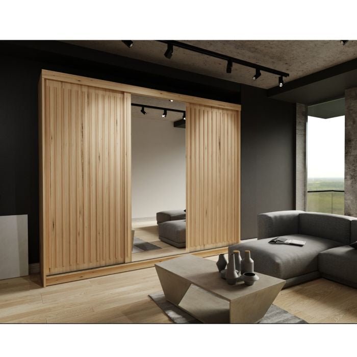 Zeus 250cm sliding door wardrobe in oak finish with a mirrored centre door, 3 doors.
