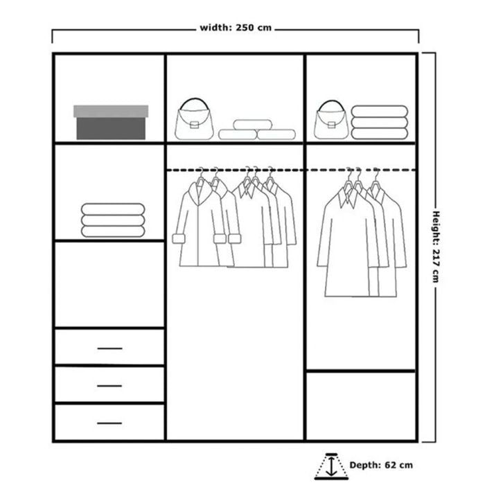 CHOICEWARDROBE Zeus 250cm wardrobe diagram showing internal layout with shelves, drawers, and hanging space.
