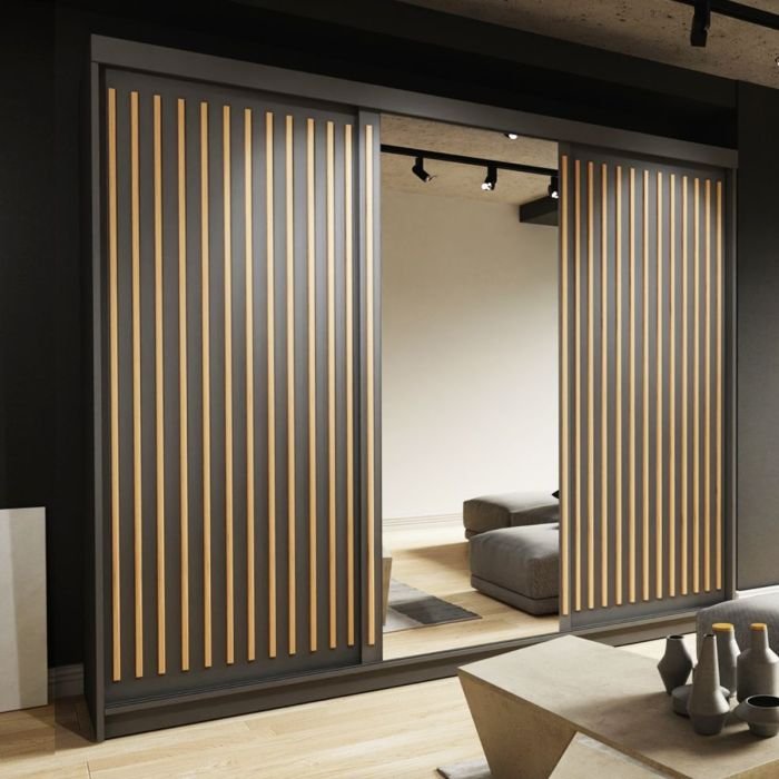 CHOICEWARDROBE Zeus 250 black 3 door sliding wardrobe with mirrored centre and fluted panels.