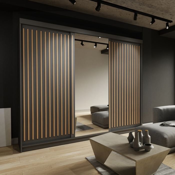 Black 3-door sliding wardrobe with mirrored centre door and fluted panels