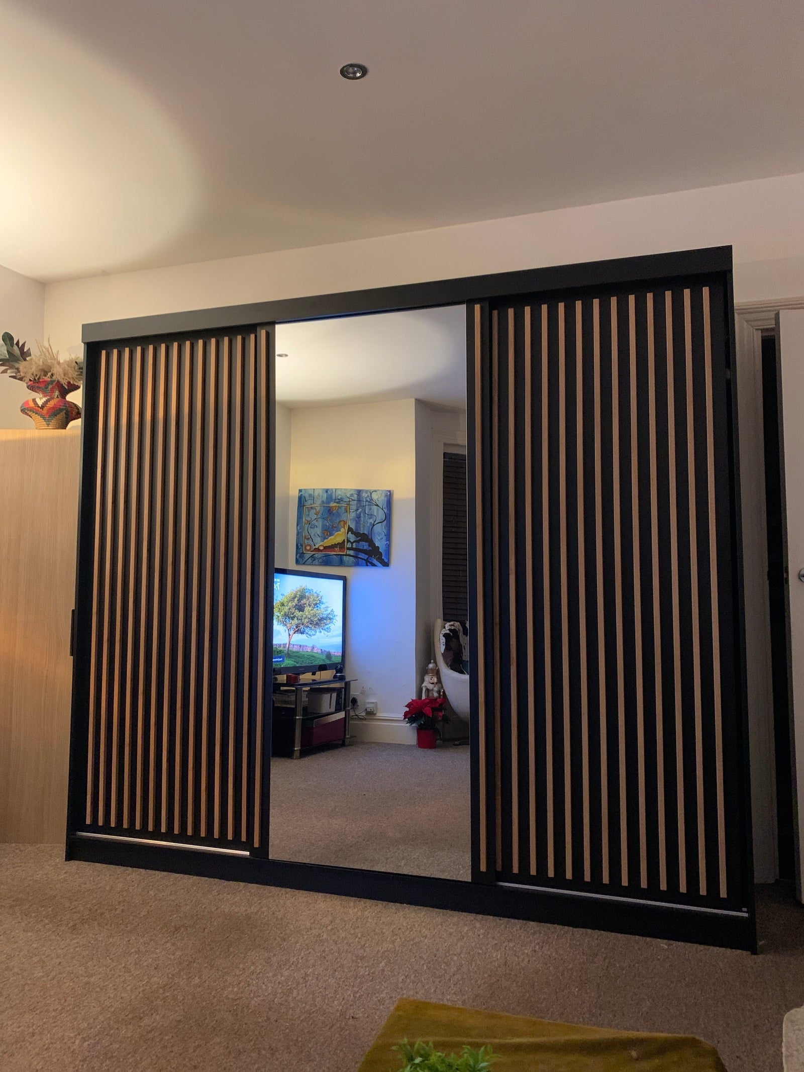CHOICEWARDROBE Zeus 250 black 3 door sliding wardrobe with fluted panels and mirrored centre