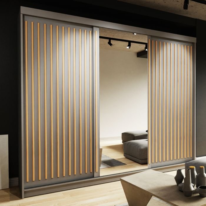 CHOICEWARDROBE ZEUS 250 Grey sliding wardrobe with 3 mirrored doors and fluted panels.