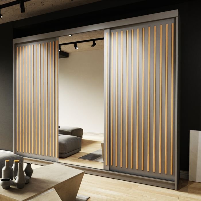Grey sliding wardrobe with fluted panels and three mirrored doors | CHOICEWARDROBE ZEUS