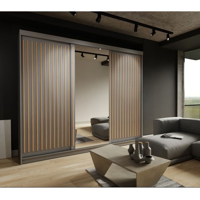 CHOICEWARDROBE ZEUS 250 grey 3 door mirrored sliding wardrobe with fluted panels