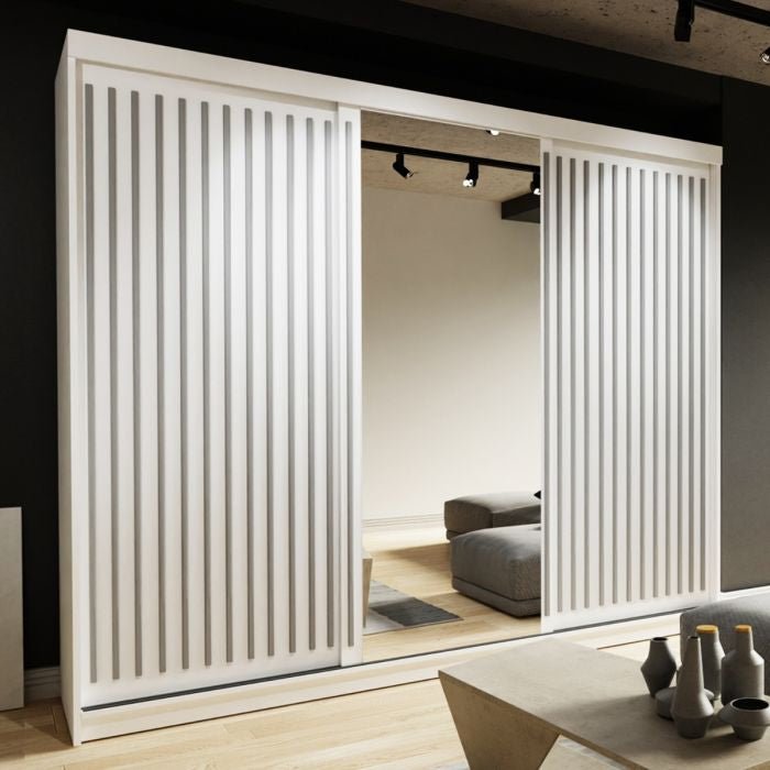 CHOICEWARDROBE Zeus 250cm white 3-door sliding wardrobe with fluted panels and mirrored centre door