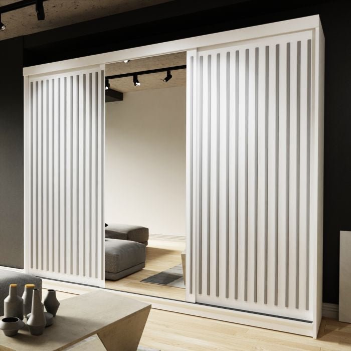 CHOICEWARDROBE Zeus 250 white 3-door sliding wardrobe with fluted panels and mirrored centre door.