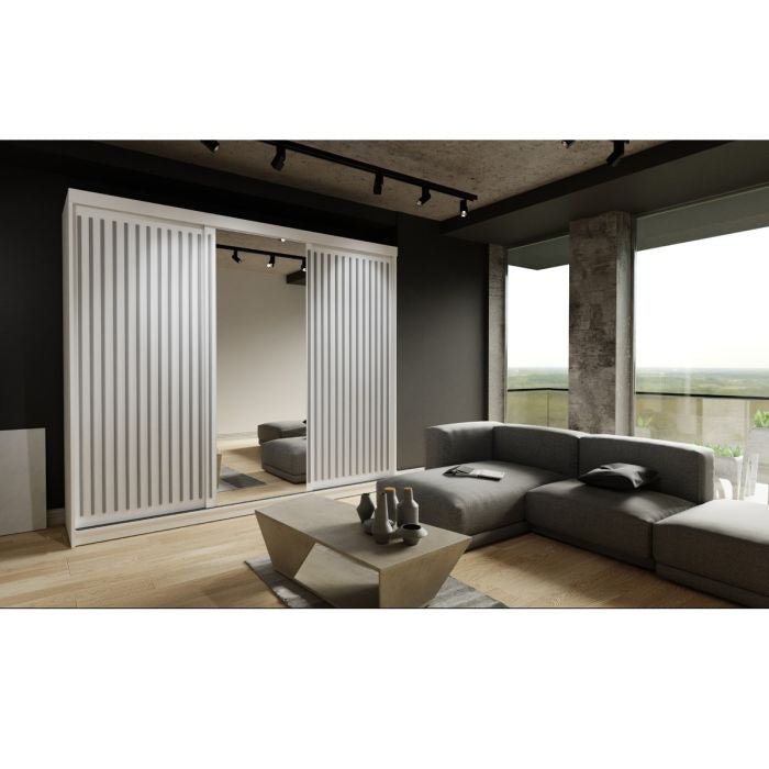 CHOICEWARDROBE Zeus 250cm White 3 Door Sliding Wardrobe with mirrored central panel and fluted doors.