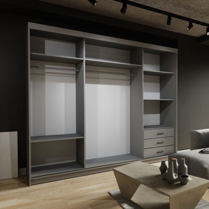White 250cm 3 door mirrored sliding wardrobe with internal drawers