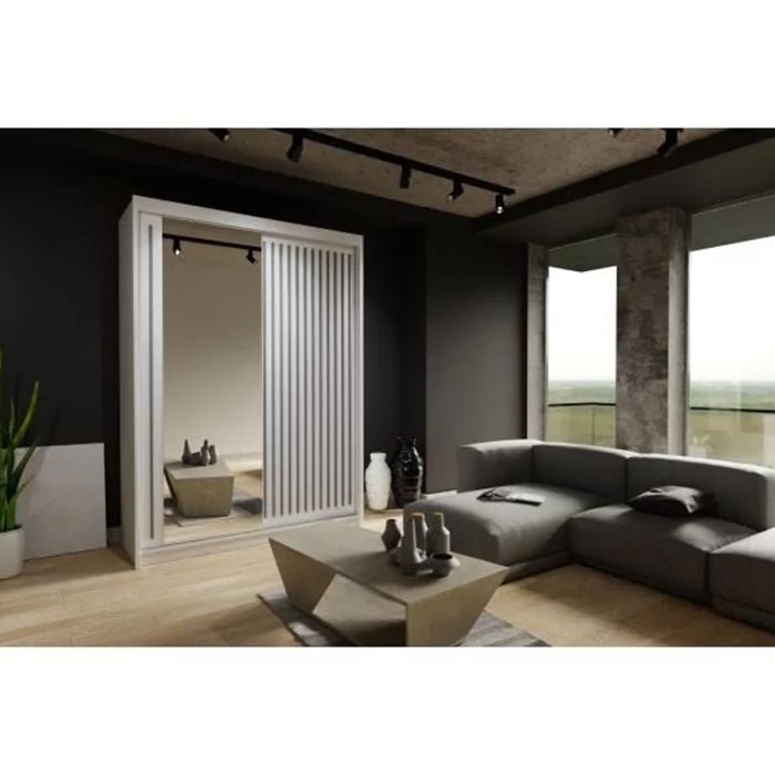 CHOICEWARDROBE ZEUS 203 white 2 door sliding wardrobe with mirrored and fluted panels in a modern room.
