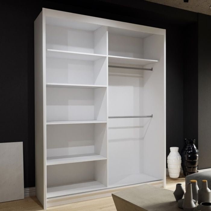 White 2 door sliding wardrobe with shelves and hanging rails